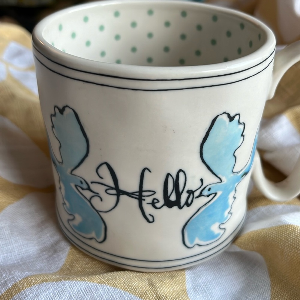 Anthropologie Polka Dot Sketchbook Collection "Hello Day” Bird Mug
